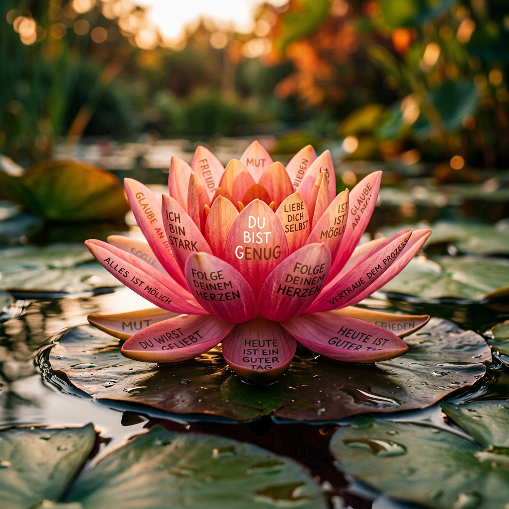 Pink lotus flower on water with German motivational phrases on petals